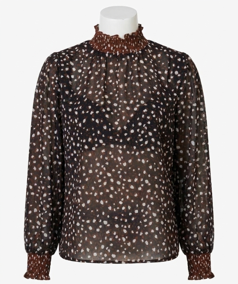 NEW ESQUALO selena smocked animal steps long sleeve blouse in brown, black, brow